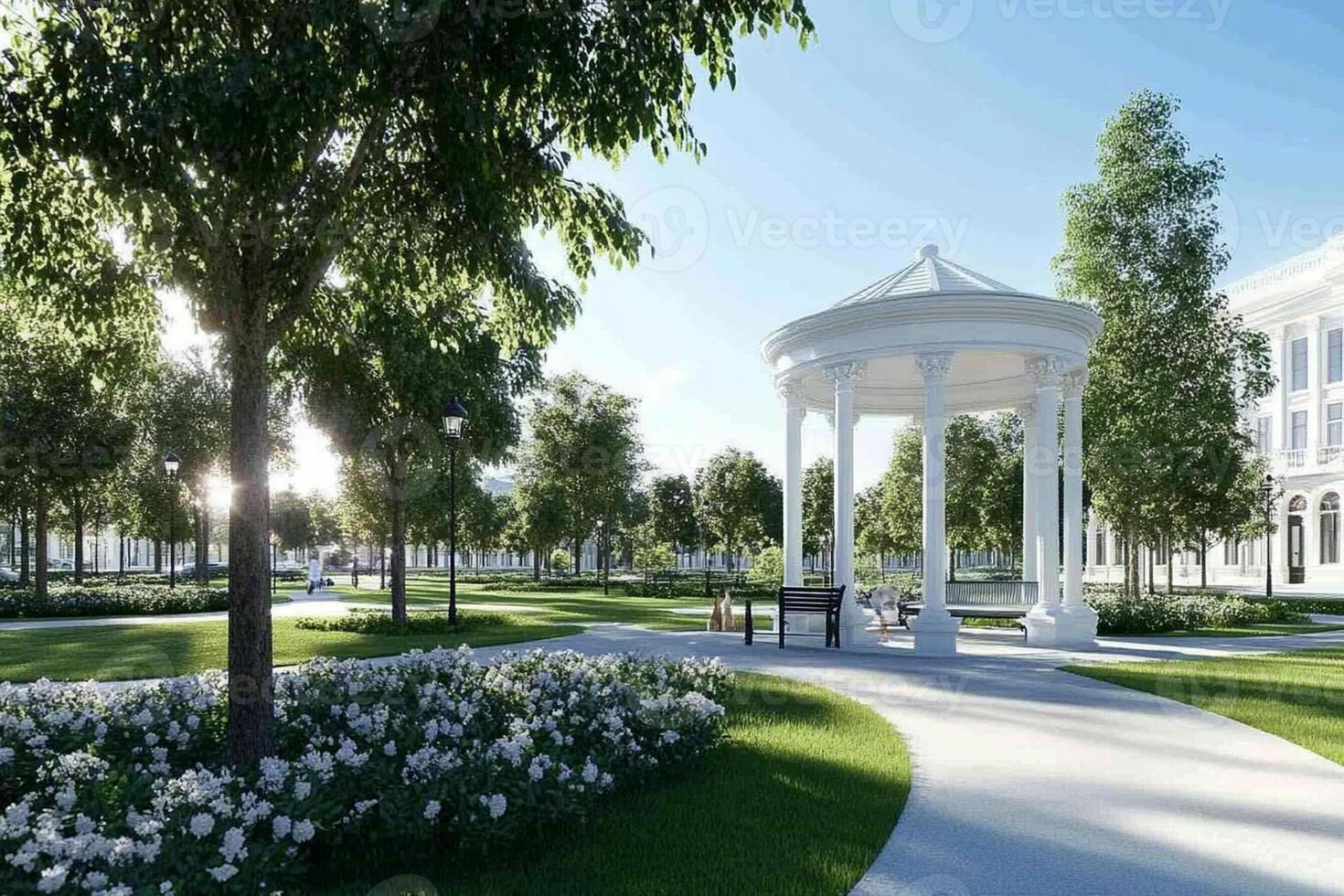 A gazebo in a park with trees and flowers photo