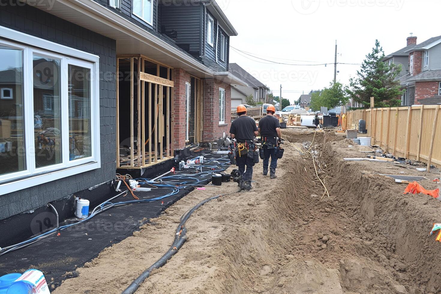 A group of men working on a house in the dirt photo