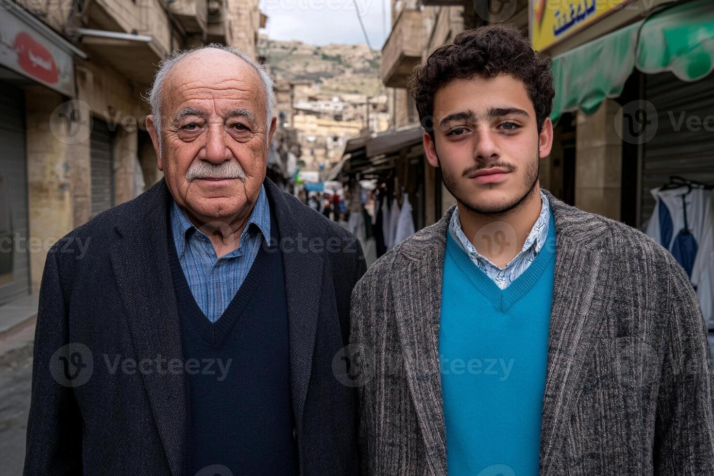Two men standing in a narrow street with buildings in the background photo