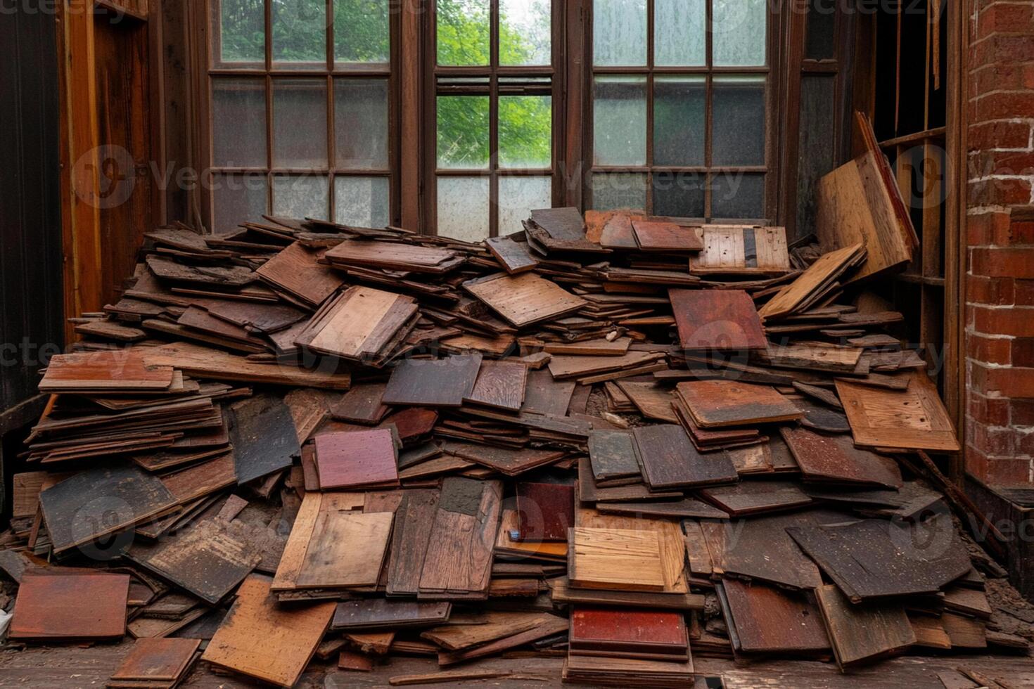 A pile of old wood sitting in front of a window photo