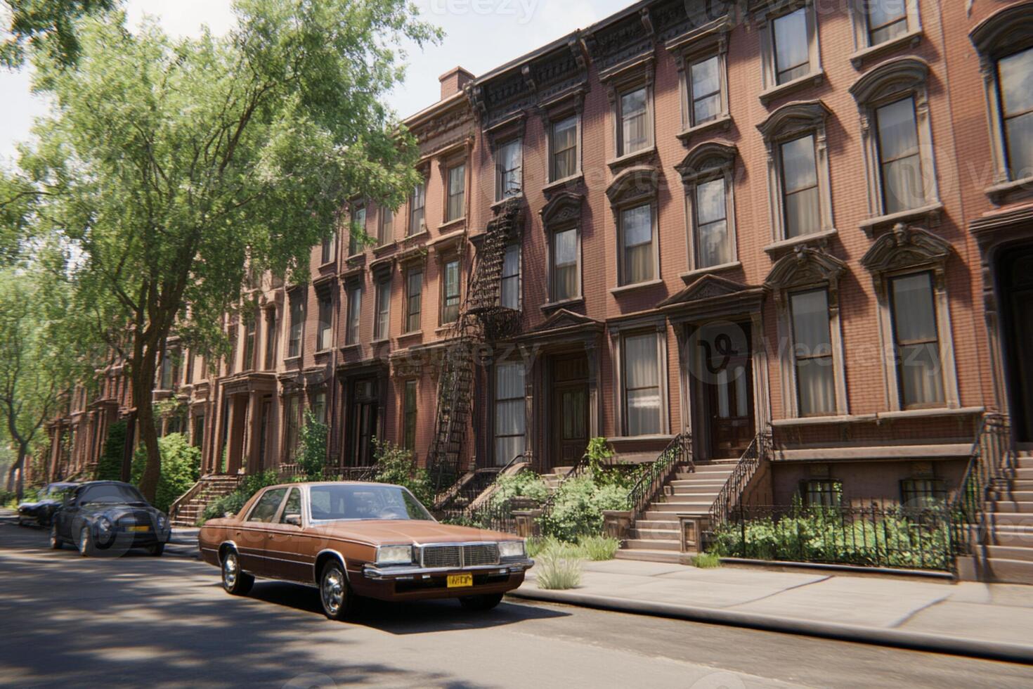 A car is parked in front of a row of brown brick buildings photo
