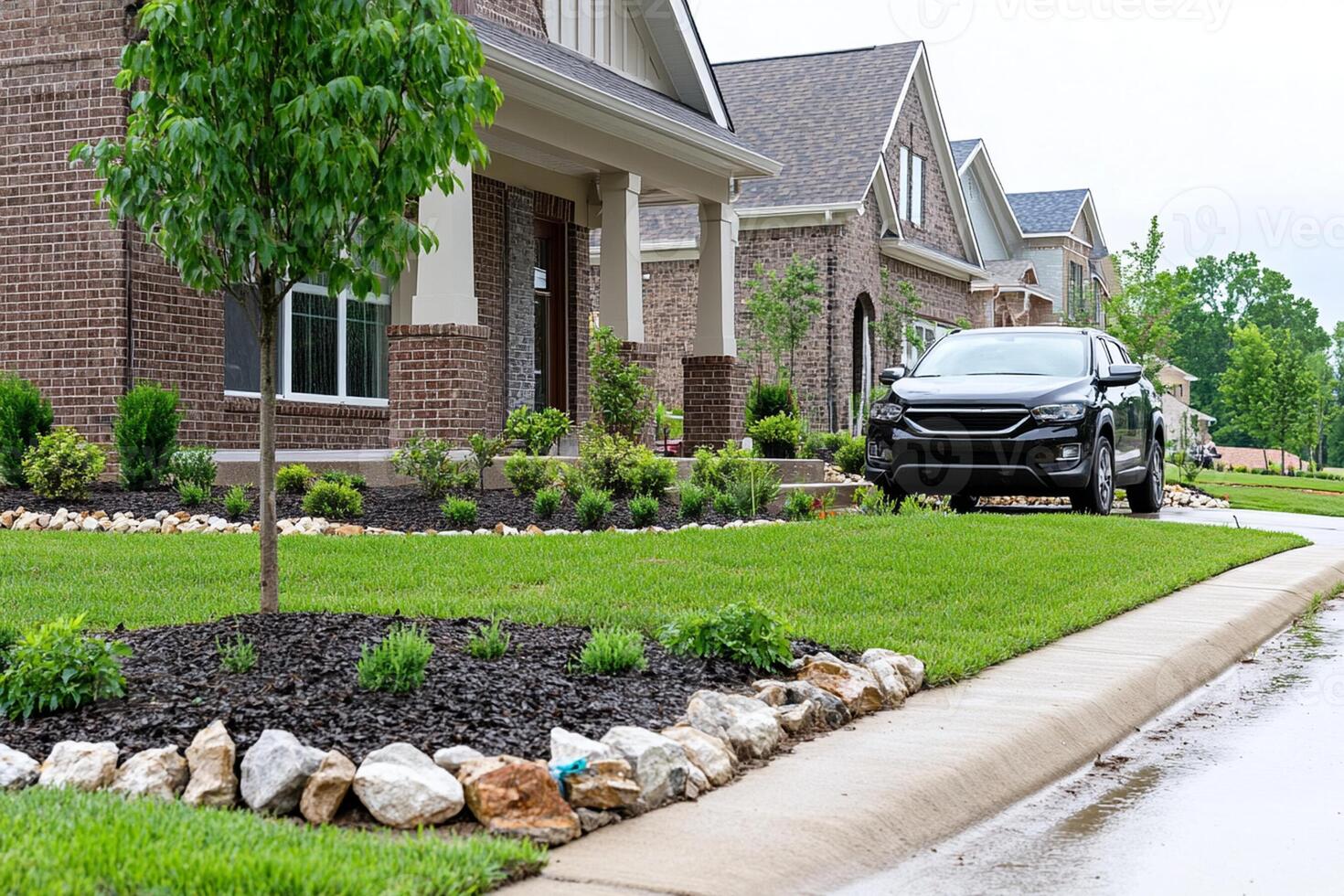 A car parked in front of a house with a tree in the front yard photo