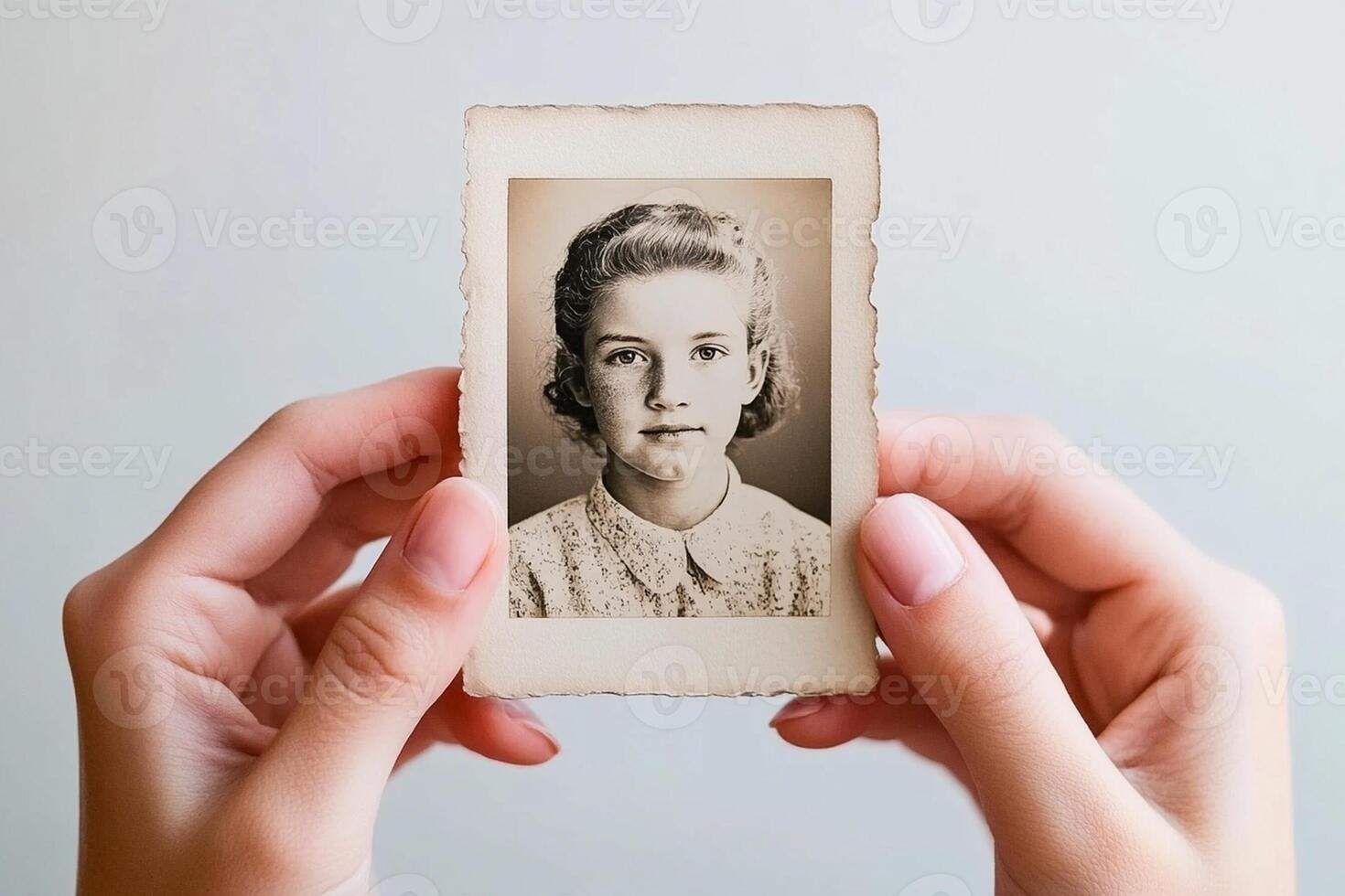 A person holding an old photo of a girl