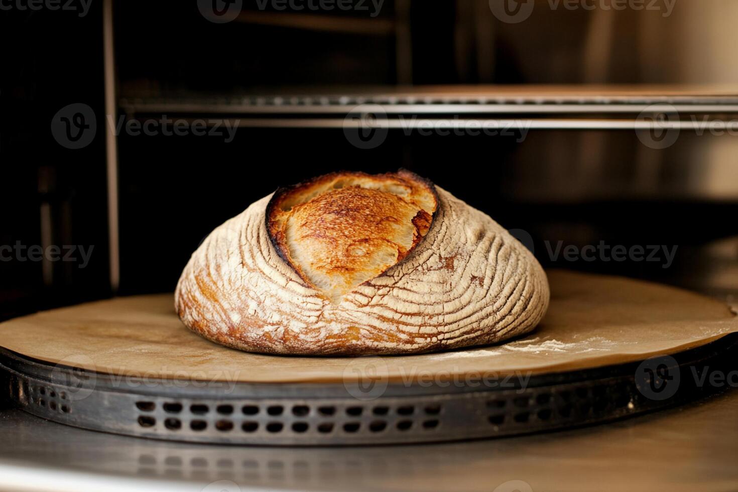 A loaf of bread sitting on a metal rack photo