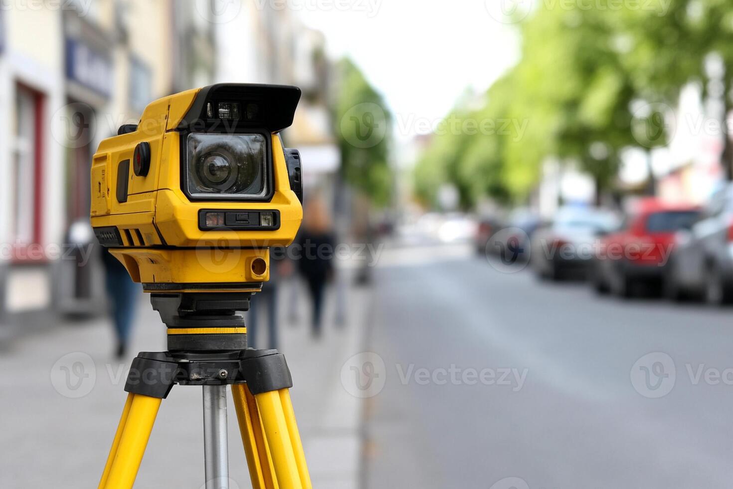 A yellow and black camera on a tripod on the street photo