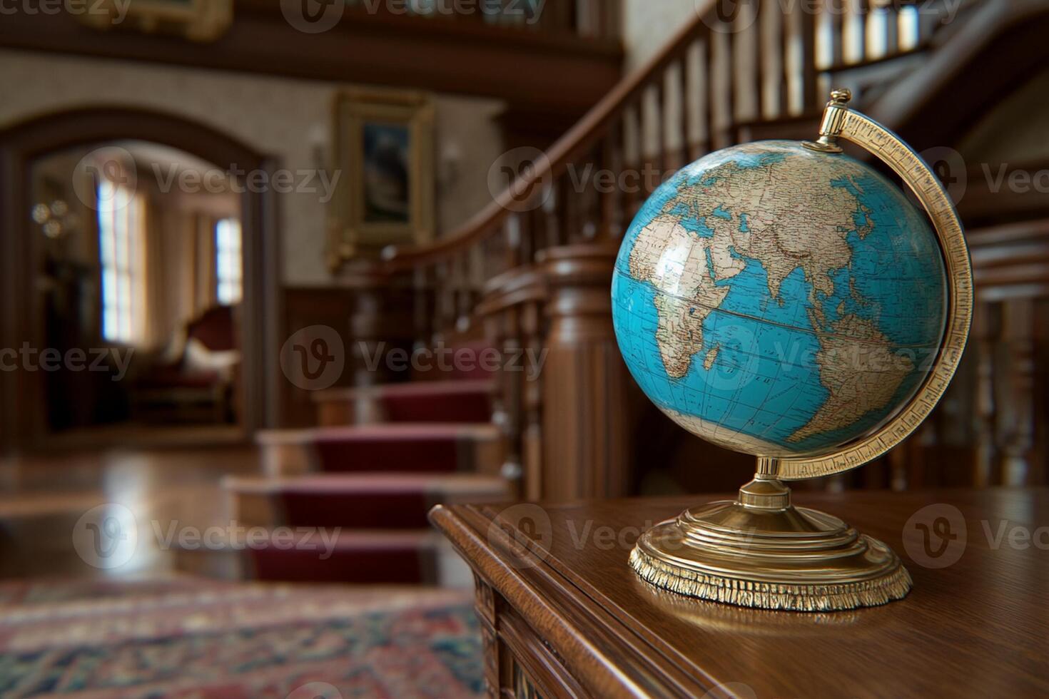A globe on a table in front of a staircase photo
