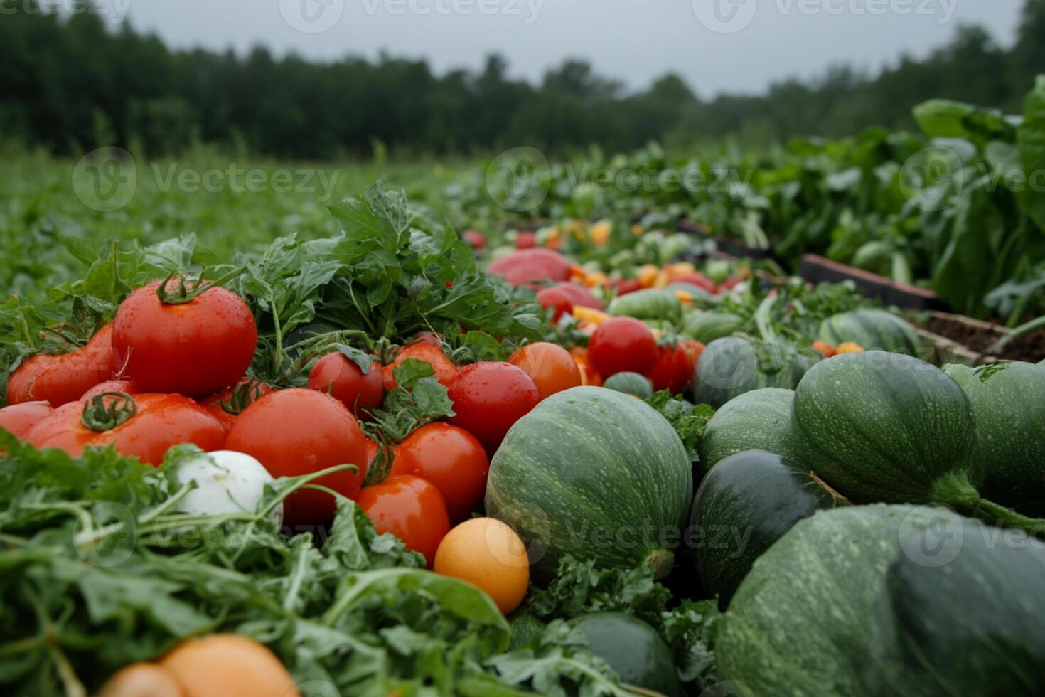 A large field of vegetables with tomatoes, squash and other vegetables photo