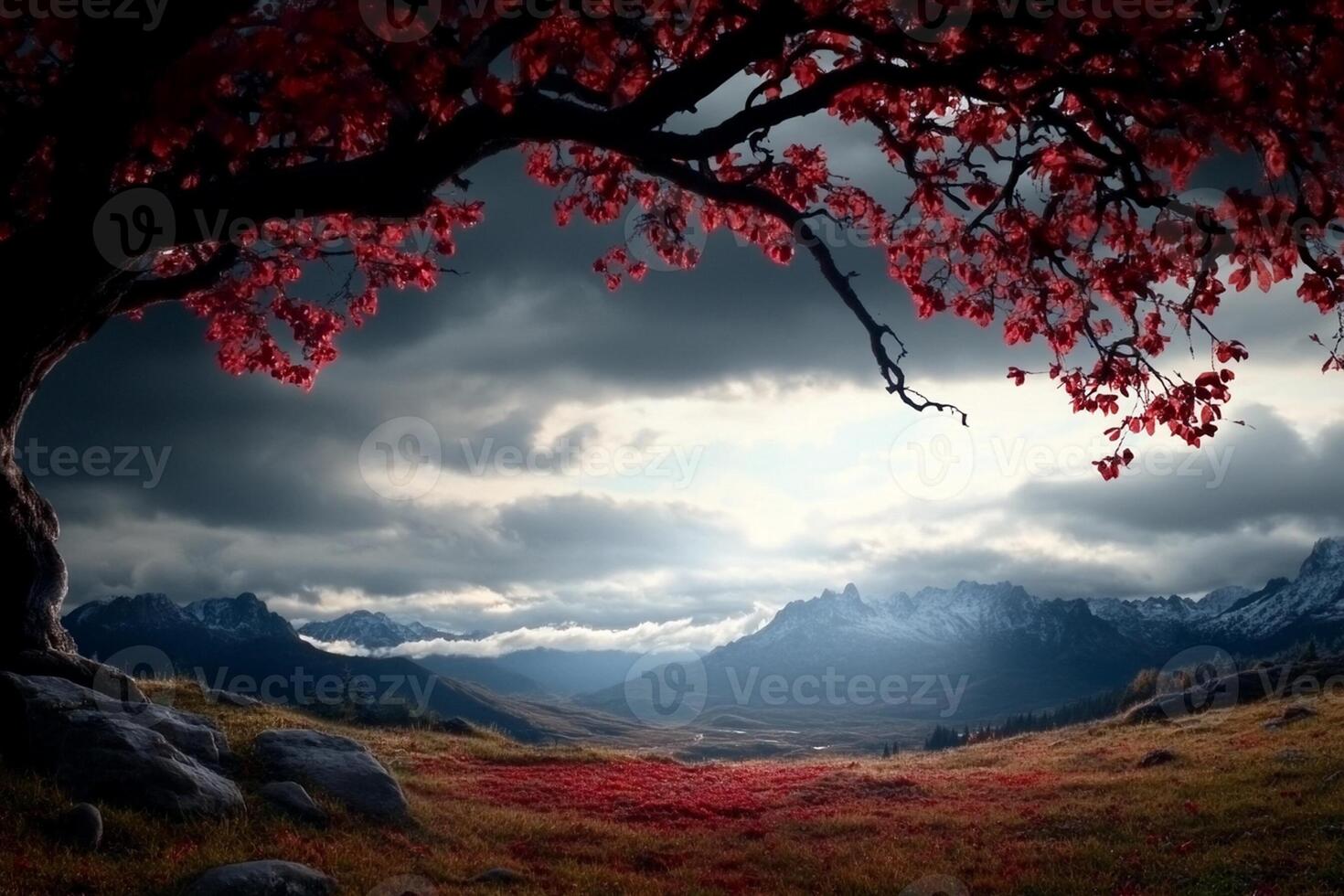 A red tree stands in front of a mountain range photo