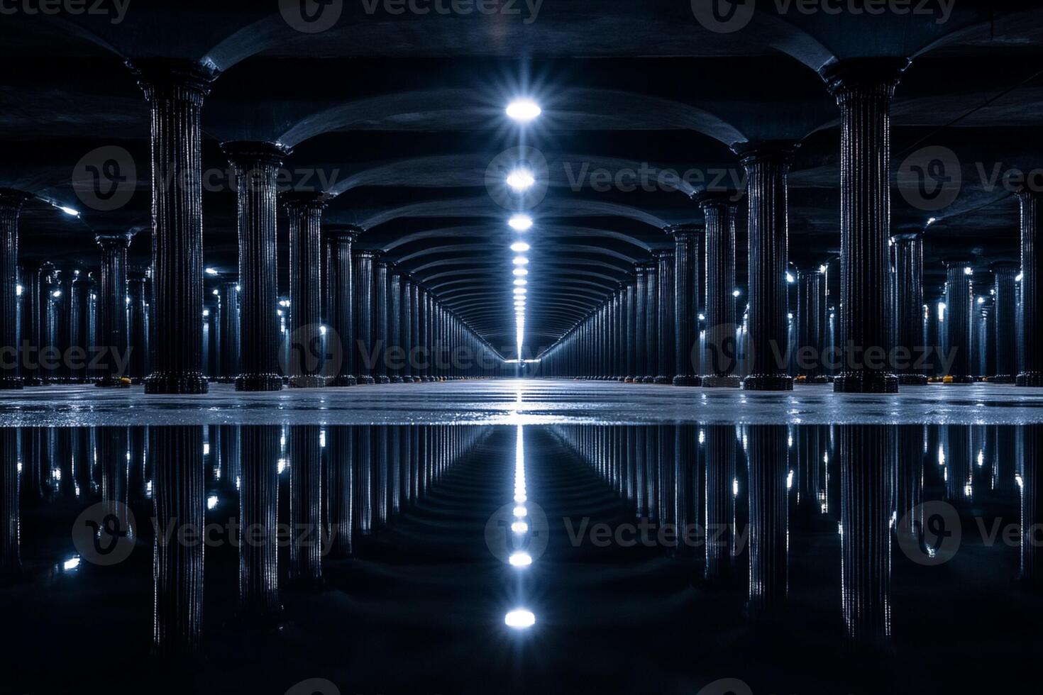 A long tunnel with pillars and lights photo