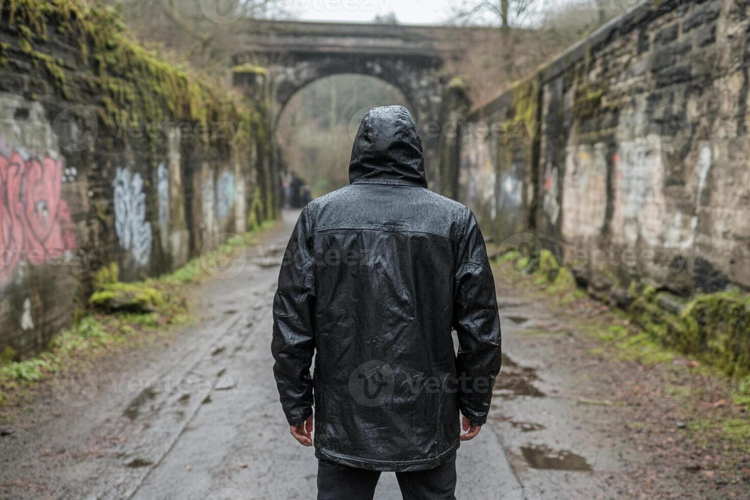 A man in a black rain jacket standing in an alleyway photo