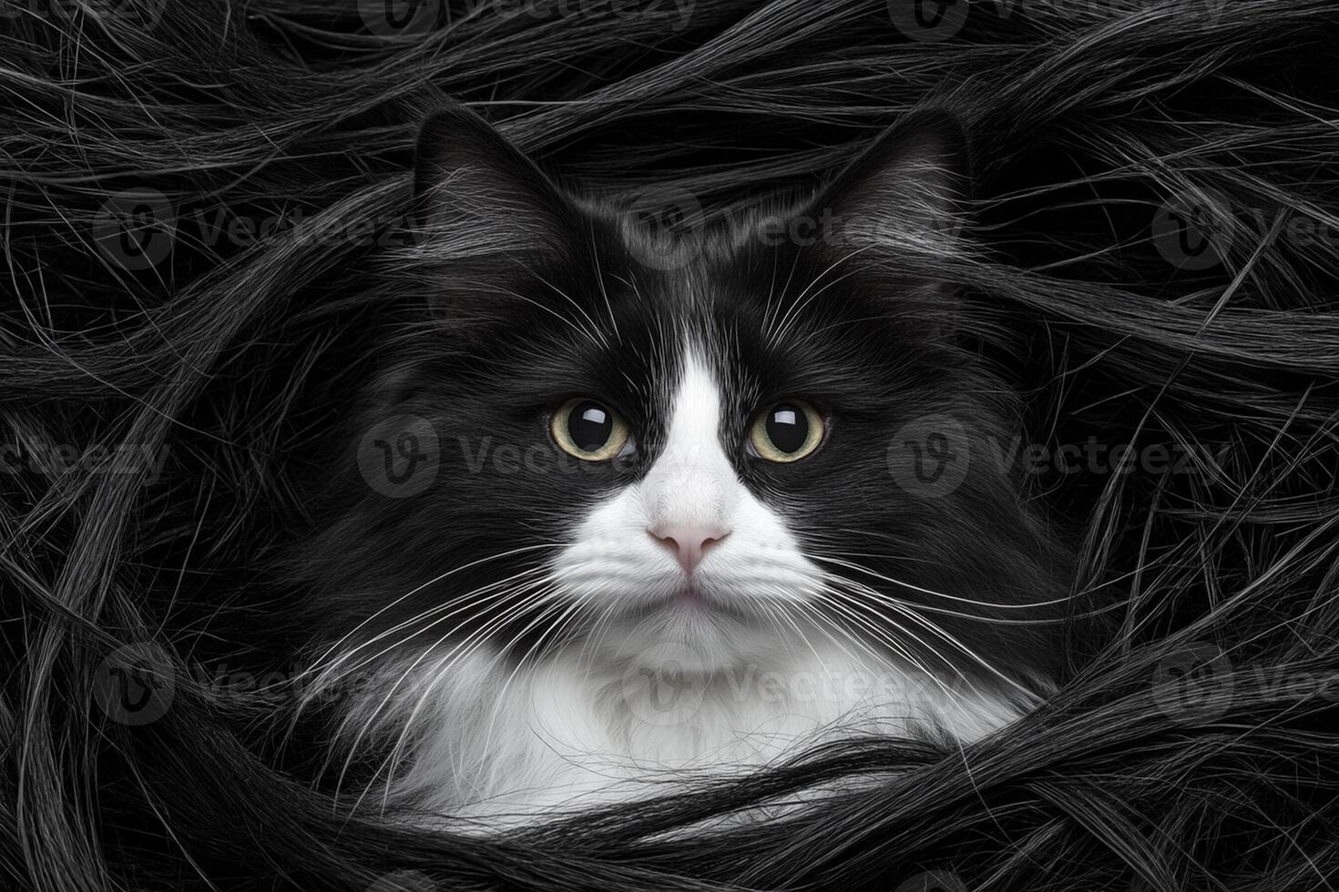 A black and white cat is hiding in a pile of black hair photo