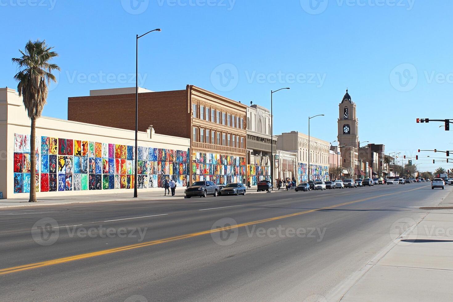 A street with a clock tower and a lot of cars photo