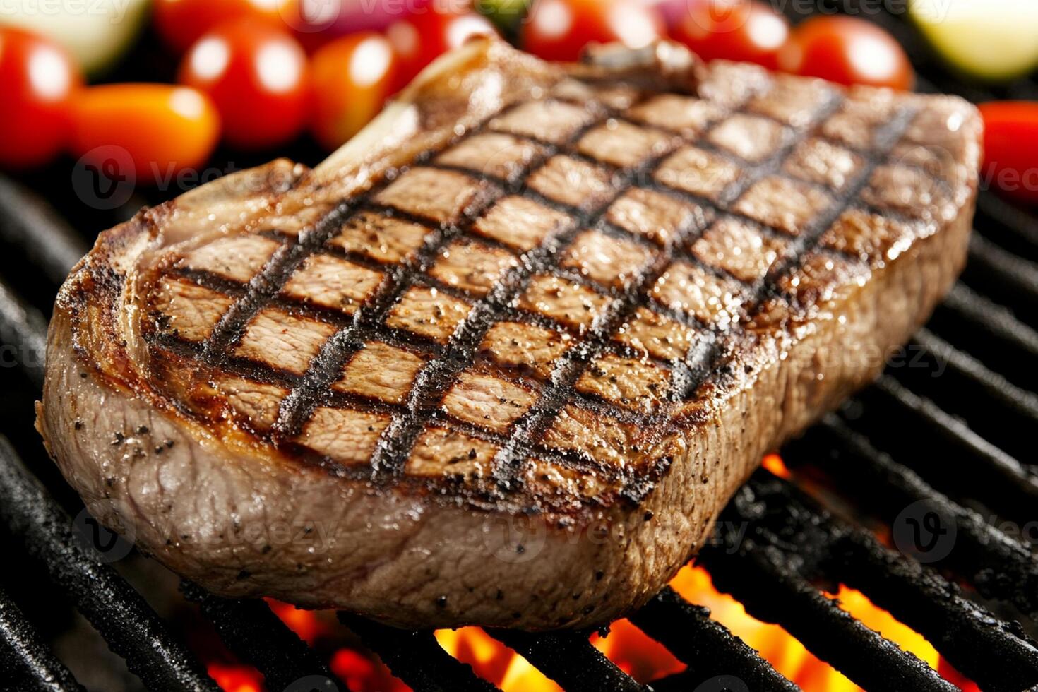 A steak is cooking on a grill with vegetables photo