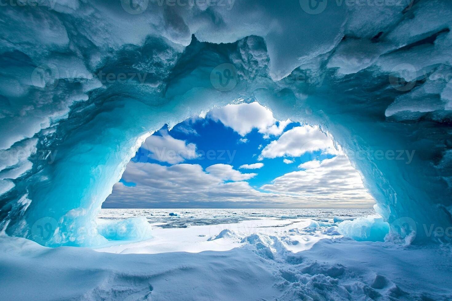 Ice cave on the ocean with blue sky photo