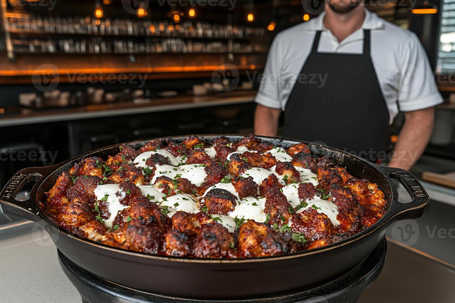 A man standing in front of a large pan of food photo