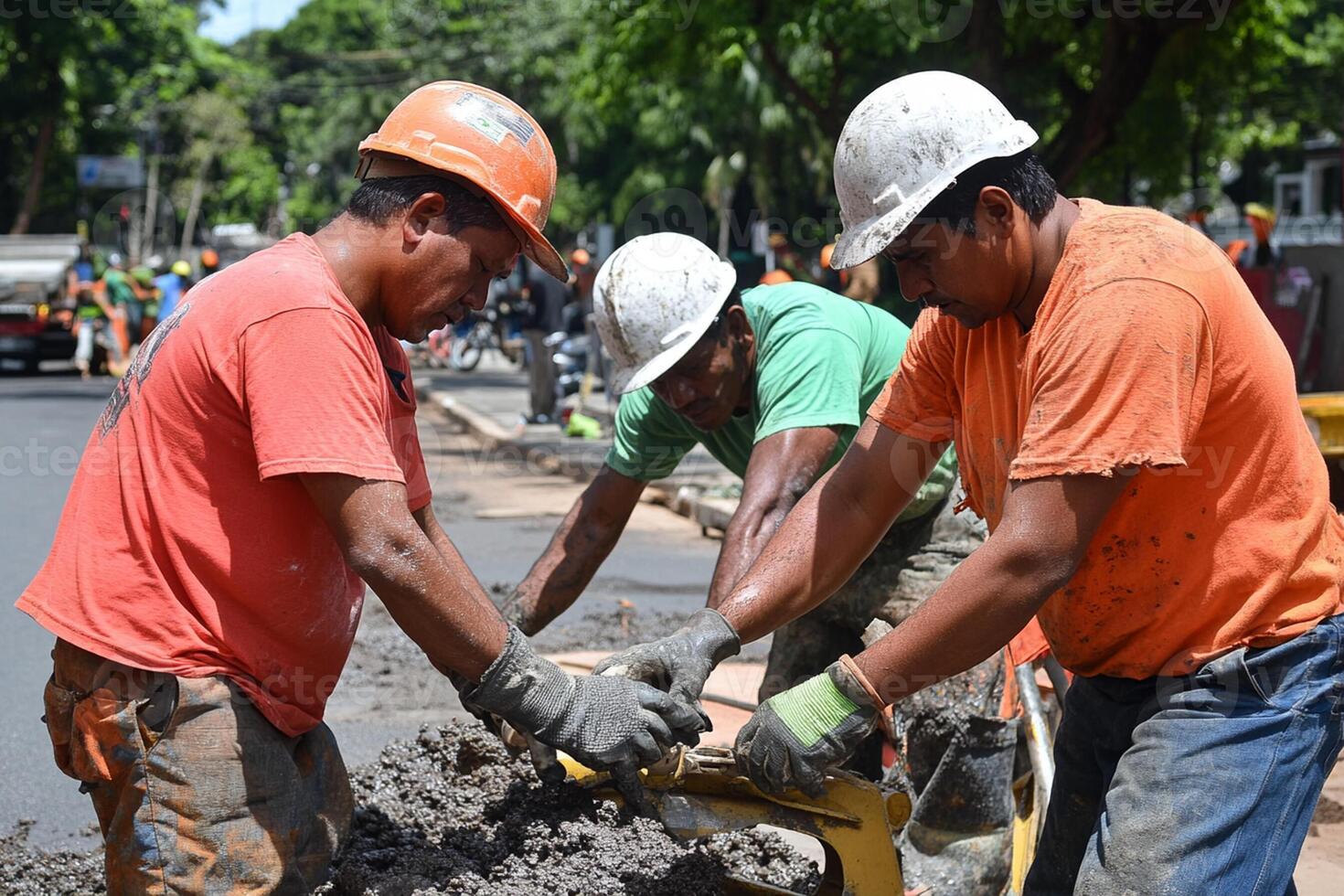 Three men working on a road with a pile of dirt photo