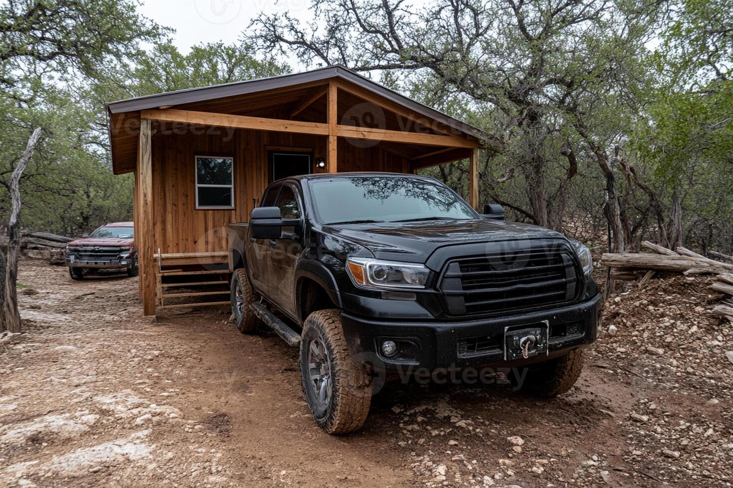 A truck parked in front of a cabin photo