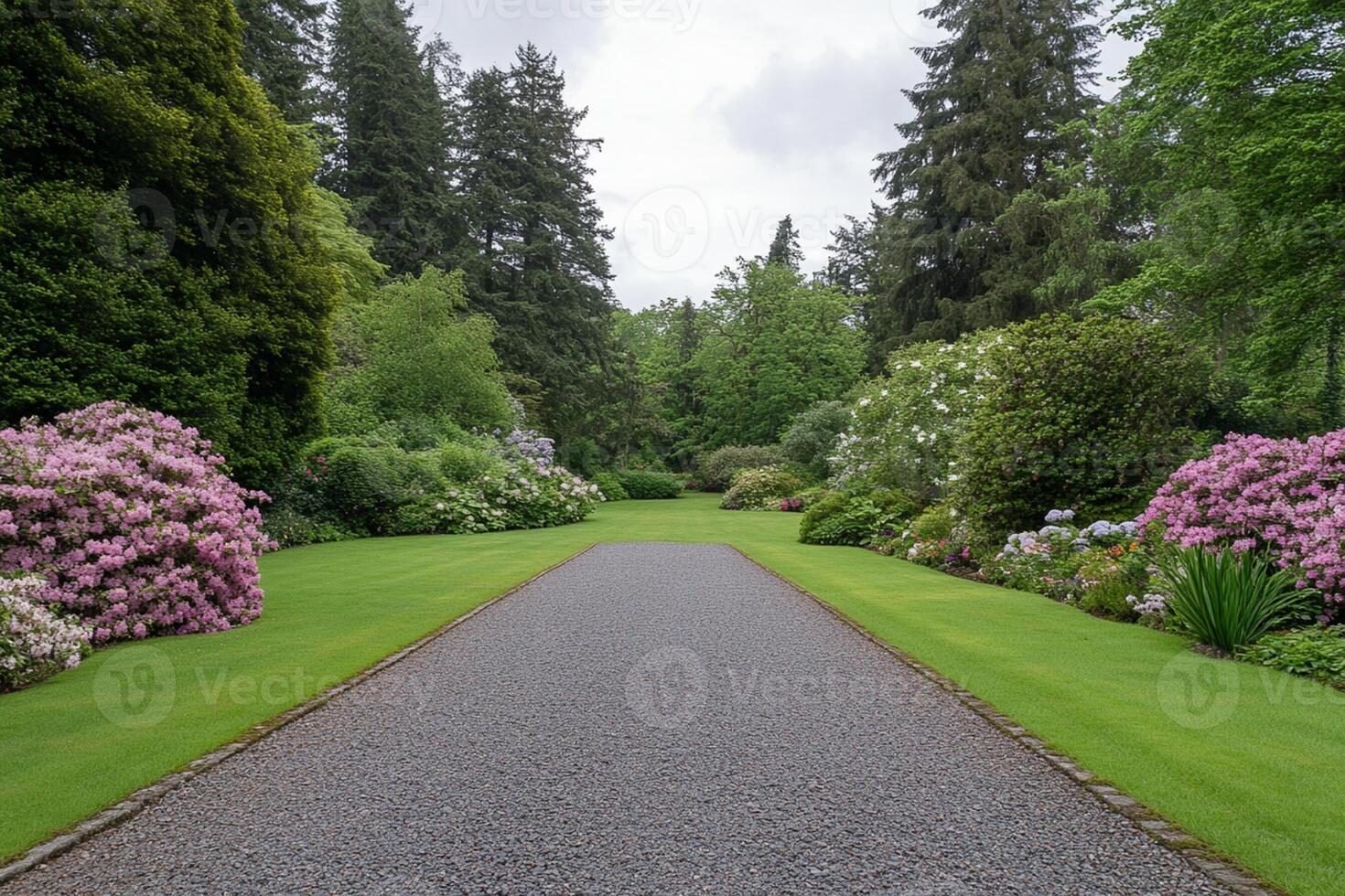 A paved pathway lined with flowers and trees photo