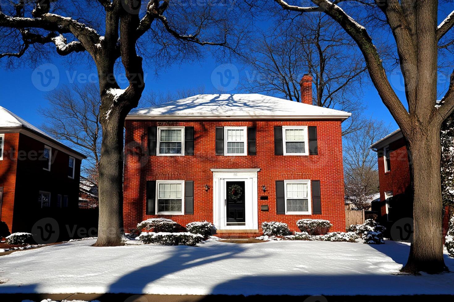 A large red house with a black door photo