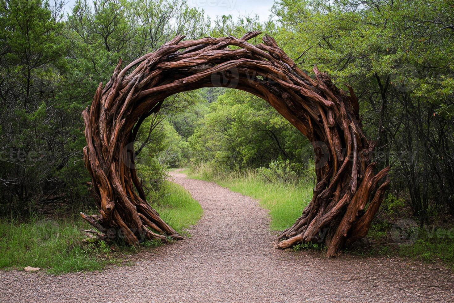A wooden archway in the woods photo