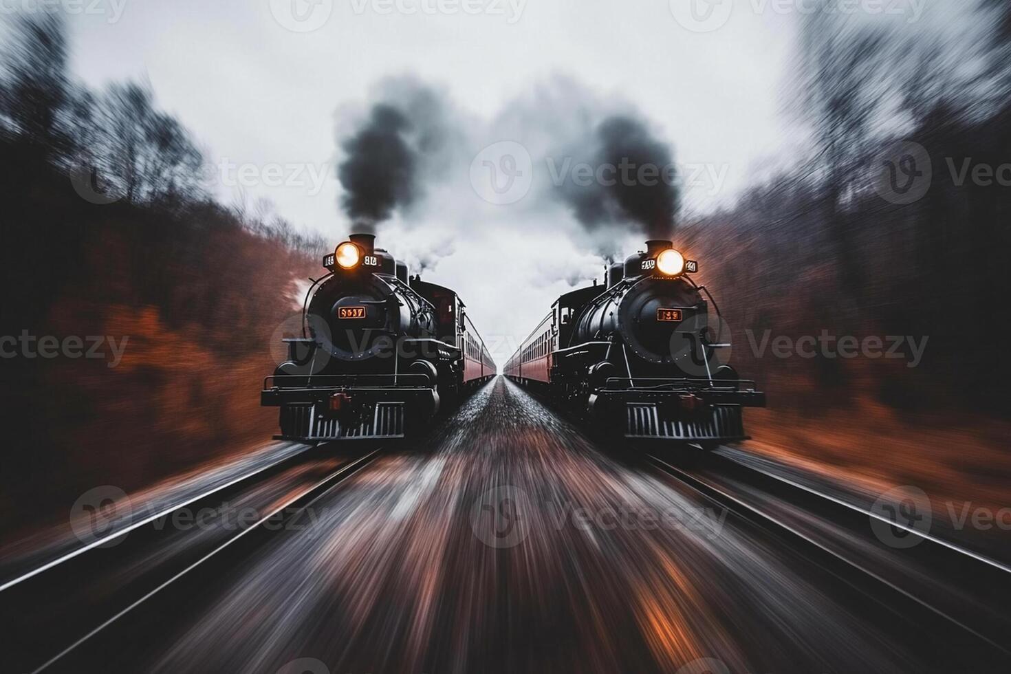 Two steam engines traveling down a track in the woods photo
