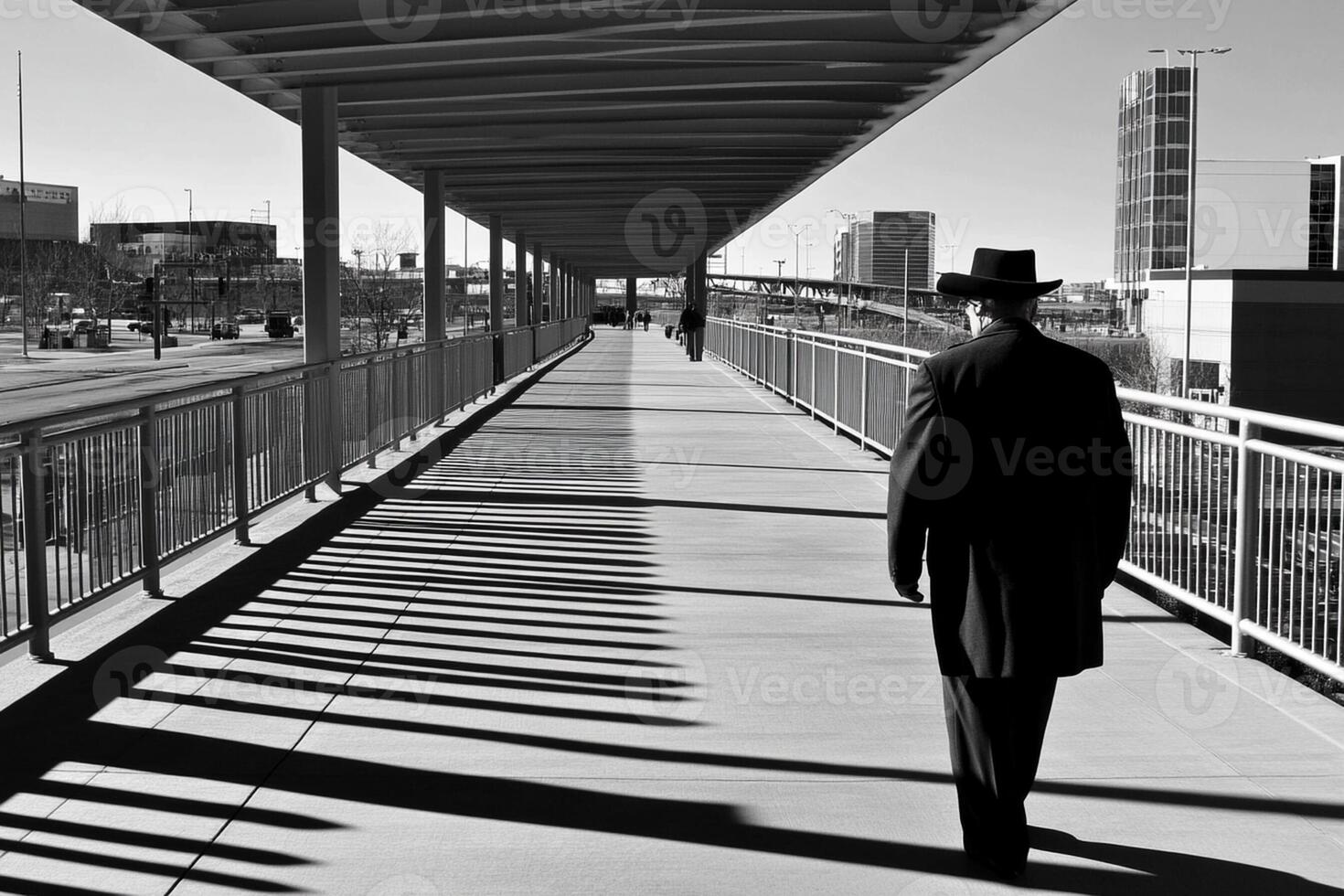 A man in a top hat and suit walks down a walkway photo