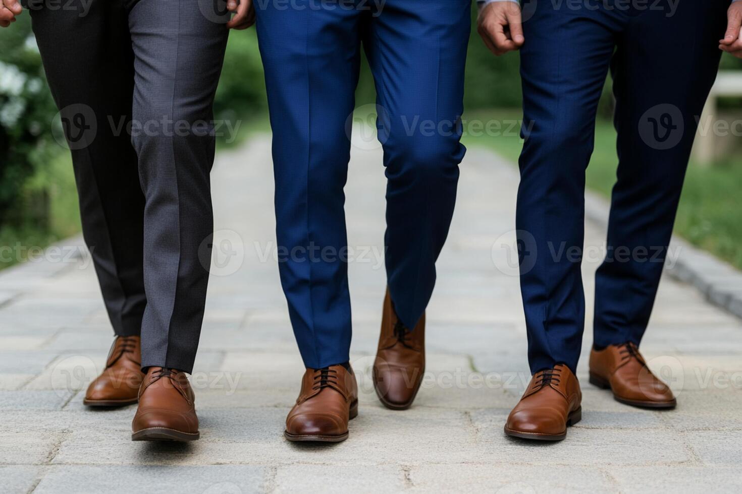 Three men in suits walking down a path photo