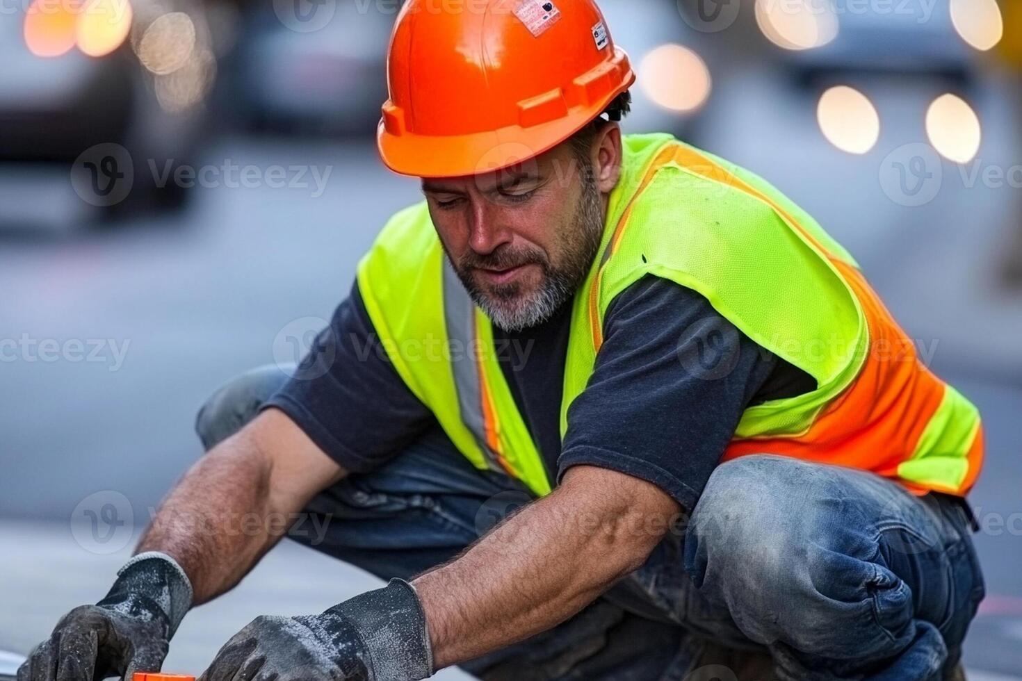 A man in an orange vest and safety vest is working on a road photo