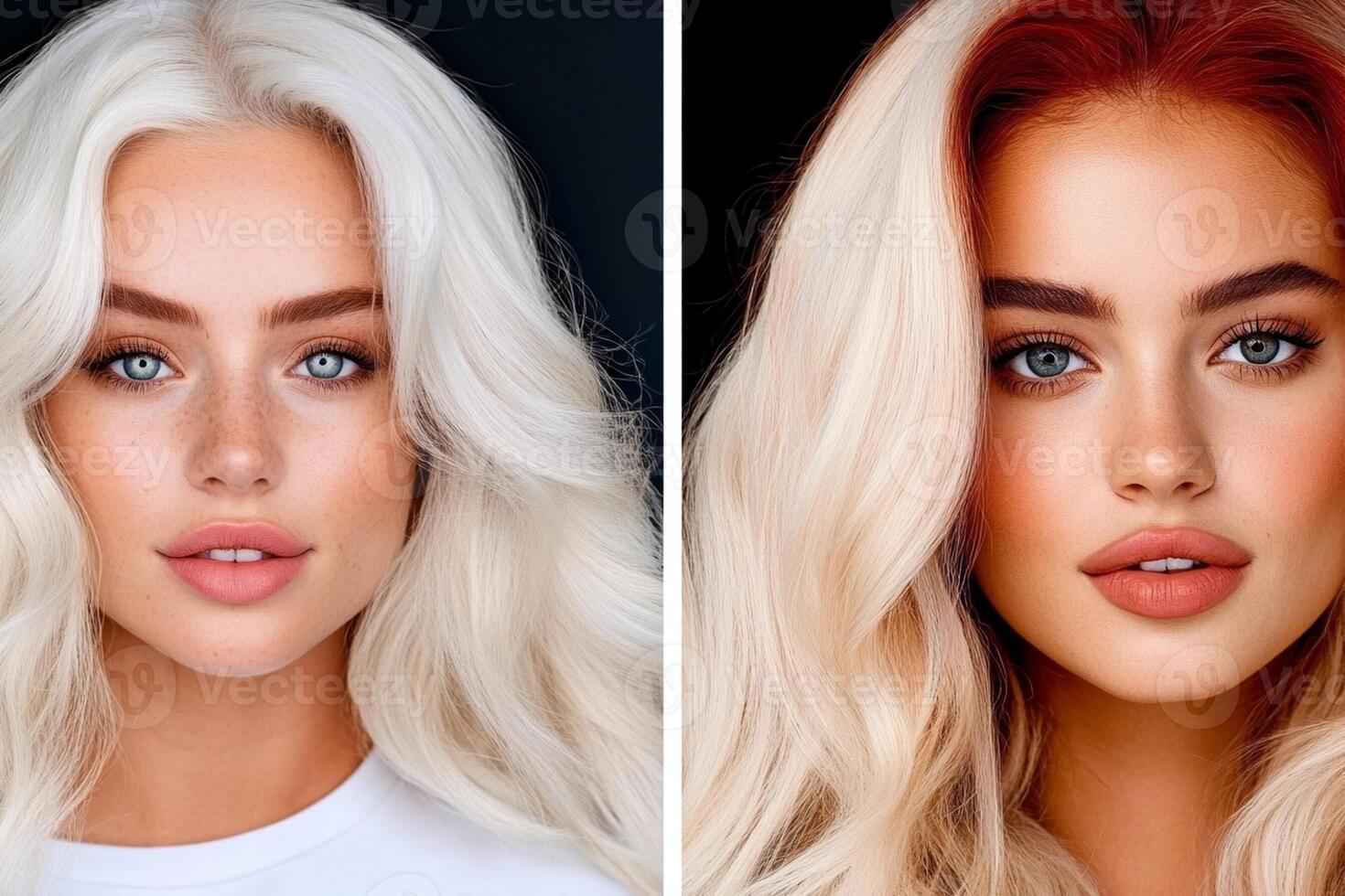 Two pictures of a woman with blonde hair and red hair photo