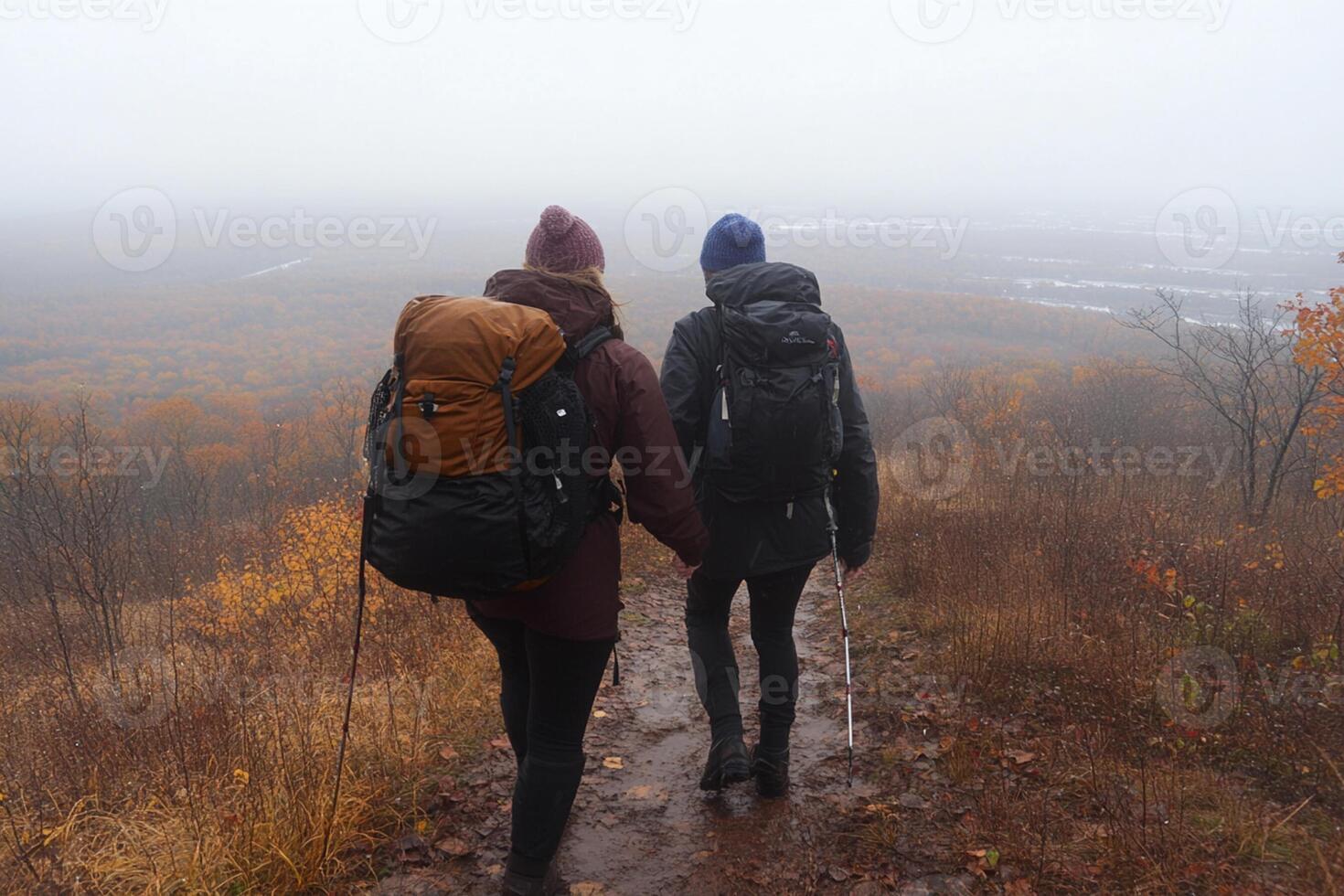 Two people walking on a trail in the woods photo