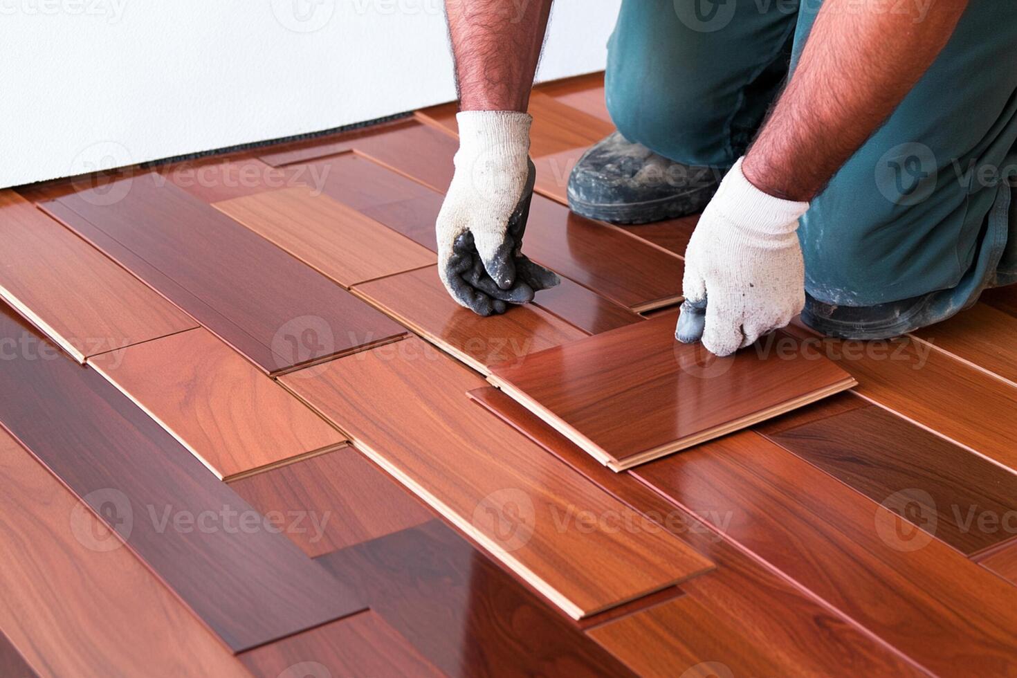 A man is installing wood flooring photo