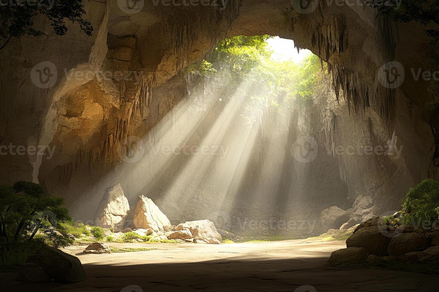 A cave with sunlight shining through it photo