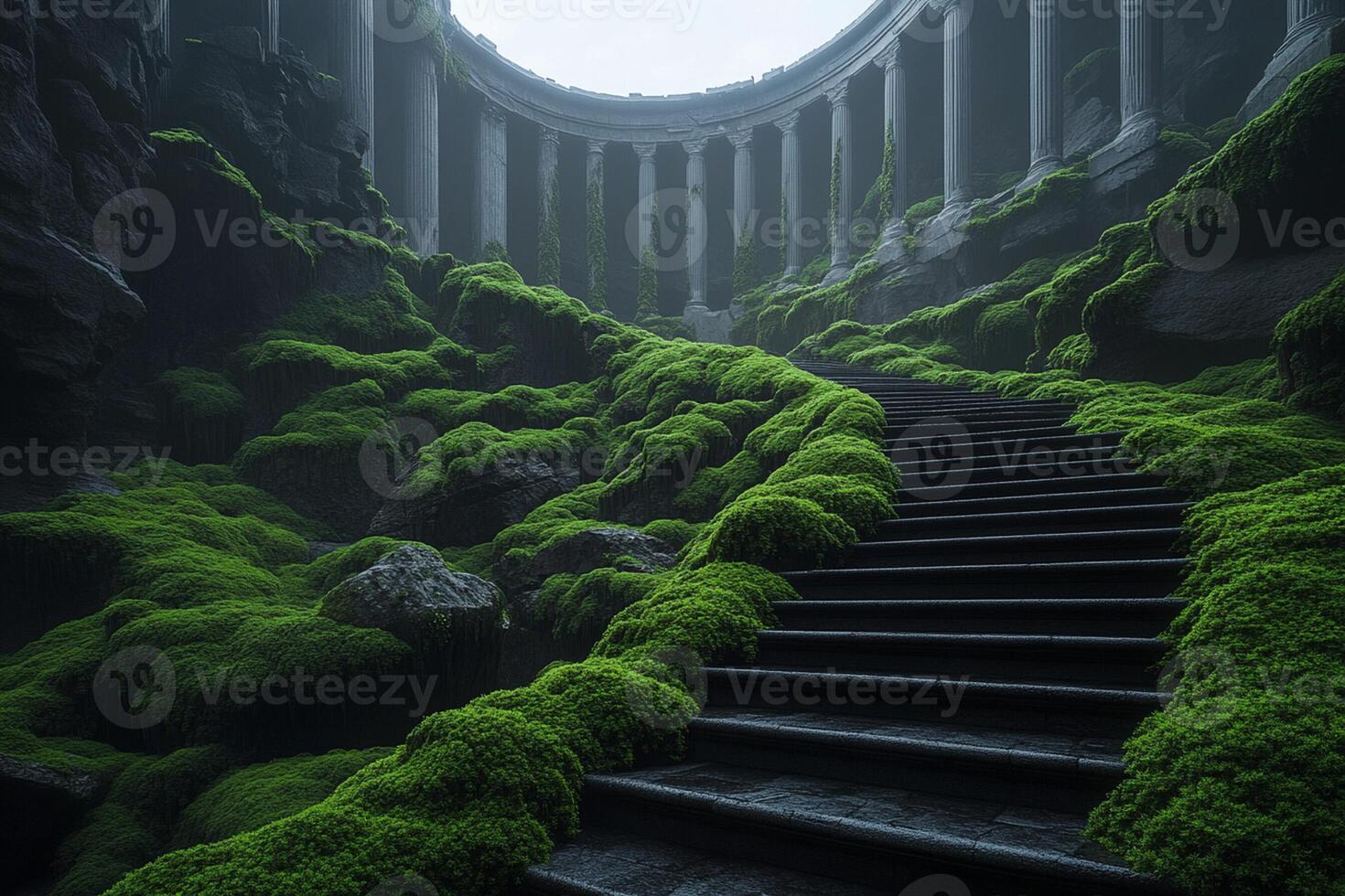 A staircase leads to a green tunnel with moss photo