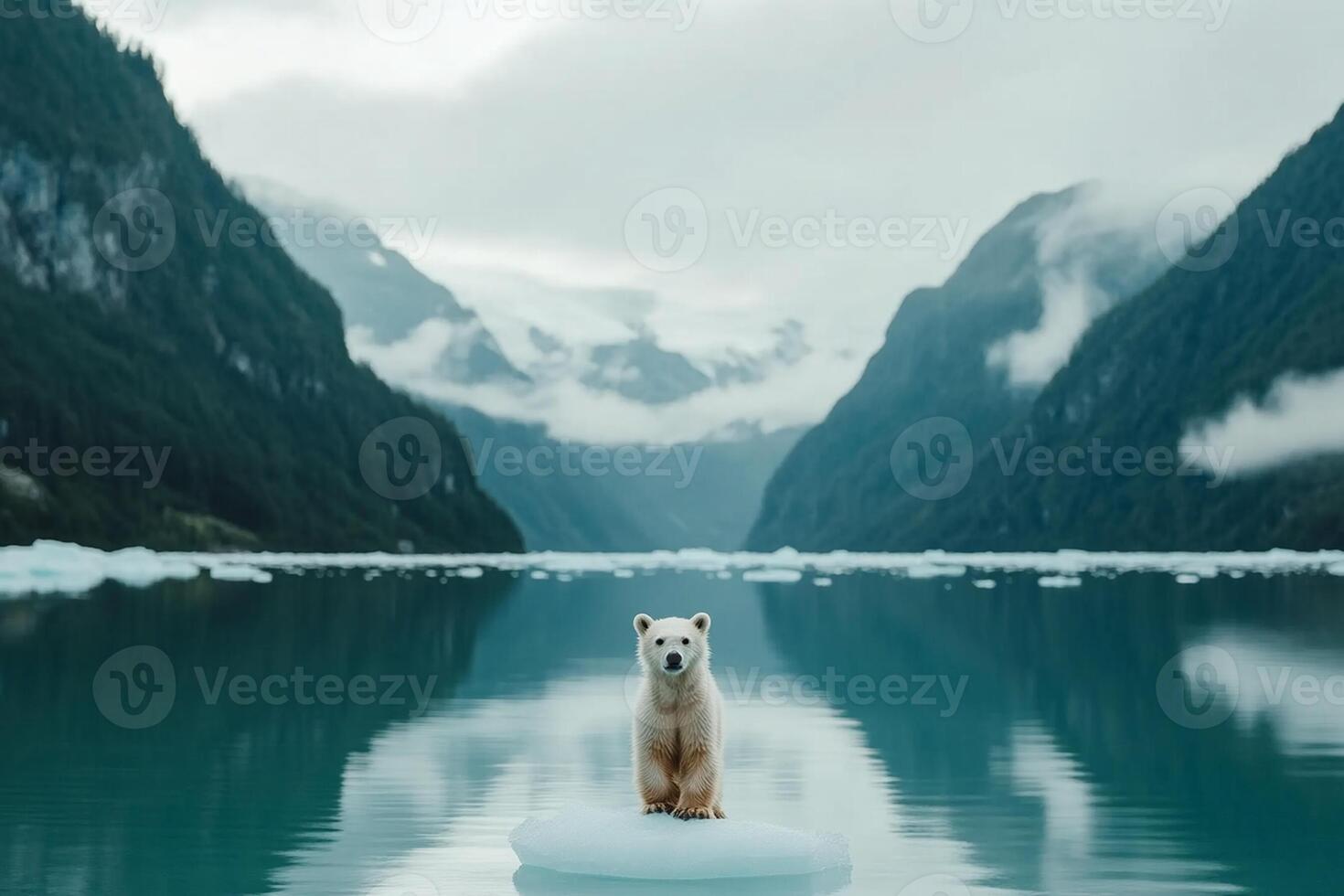 A polar bear standing on an ice floe in the middle of a lake photo