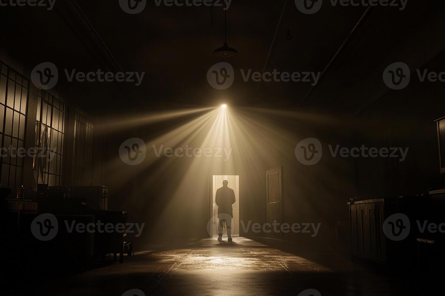 A man stands in the dark with light coming from the door photo