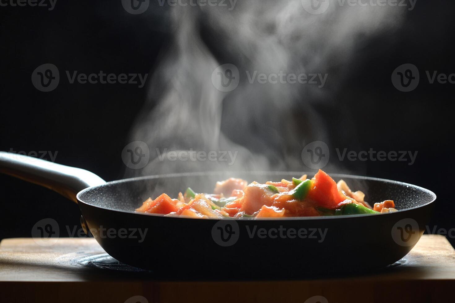 A pan with food cooking on top of a wooden table photo