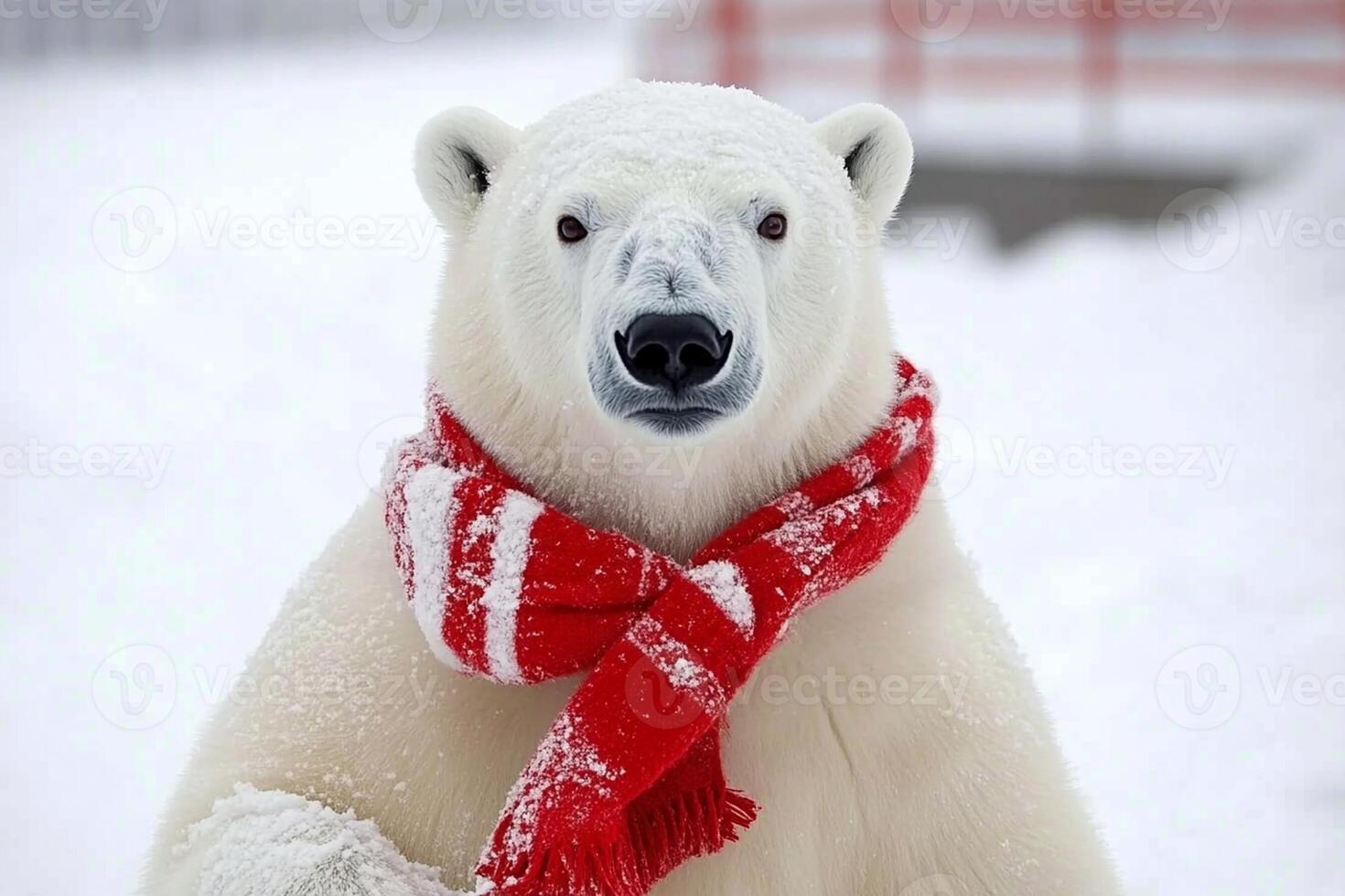 A polar bear wearing a red scarf photo