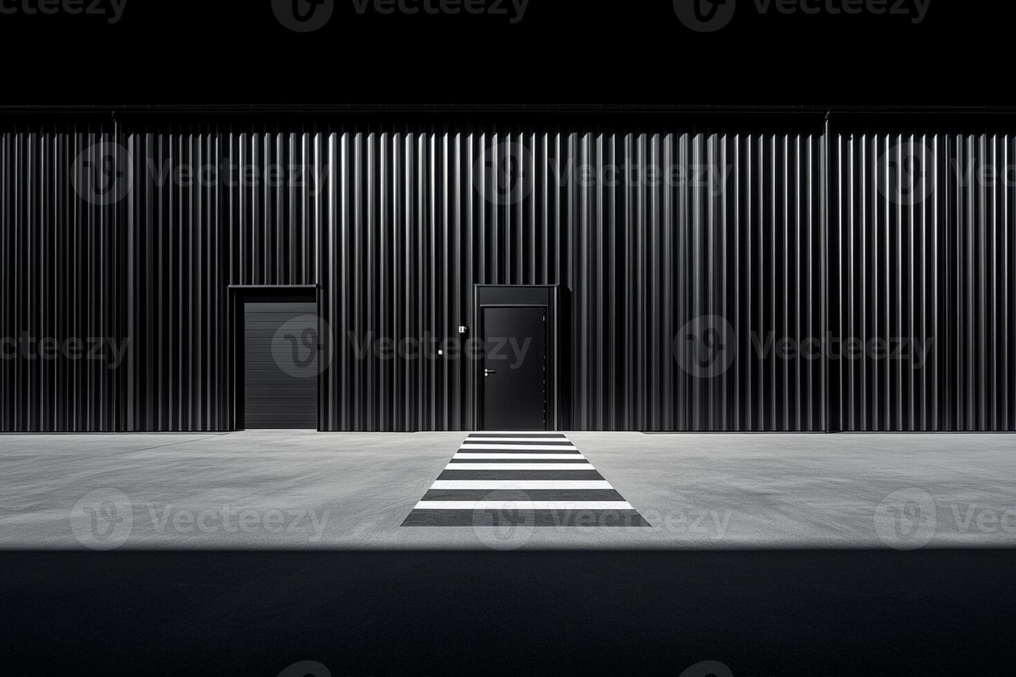 A black building with a white door and a white floor photo