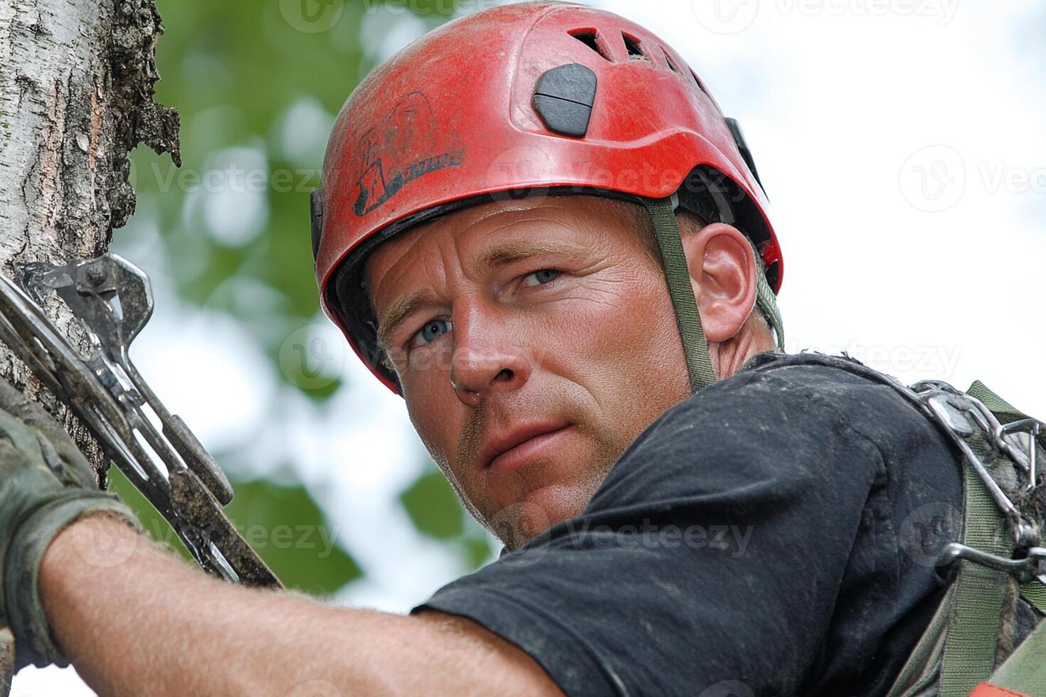 A man wearing a red helmet and holding a chainsaw photo