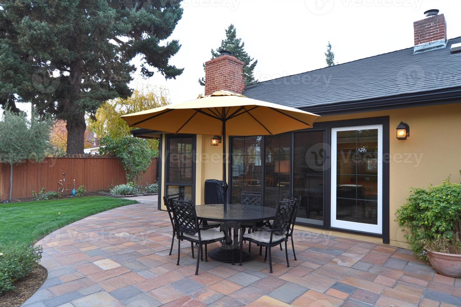 A patio with a table and chairs under an umbrella photo