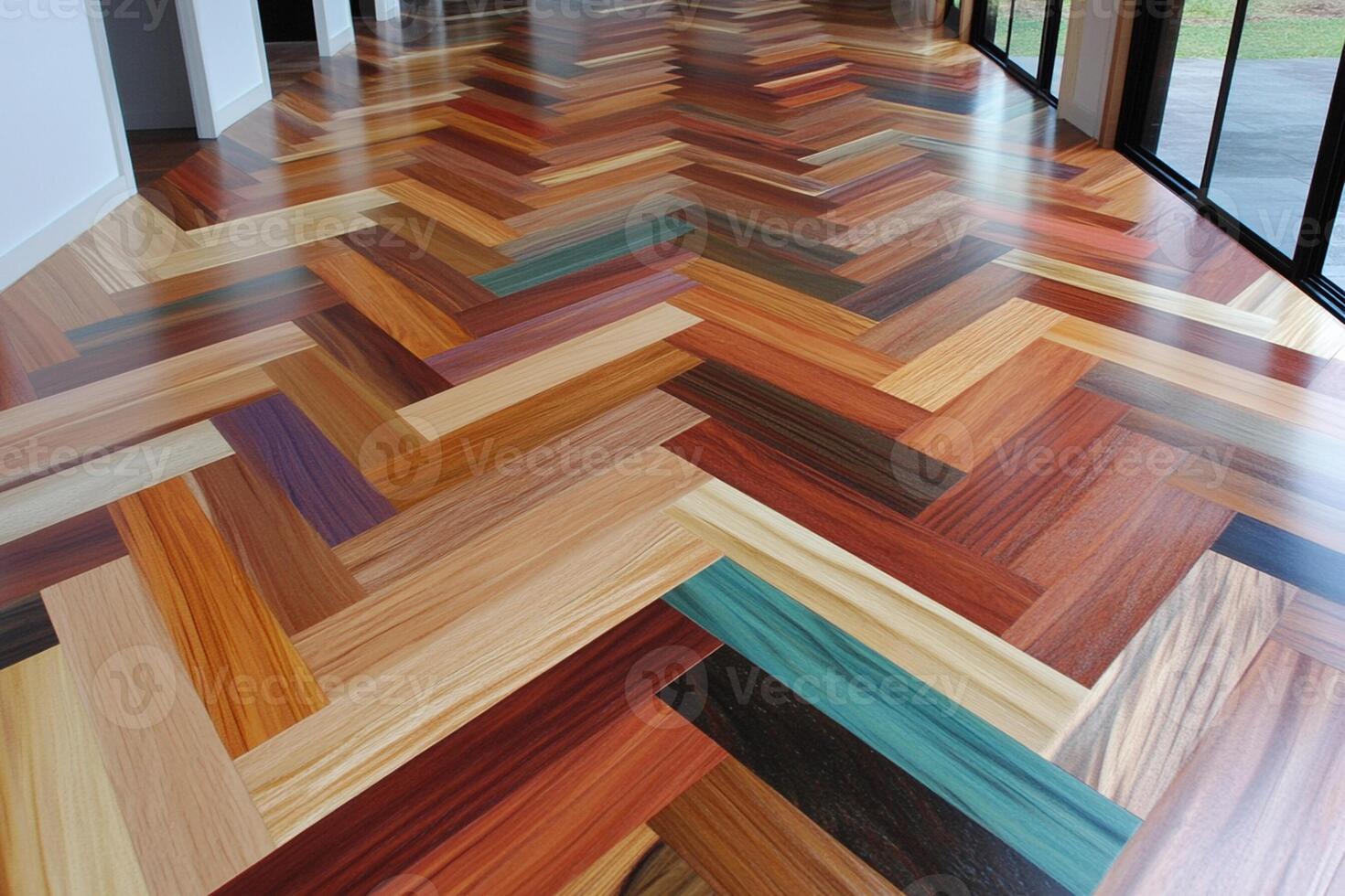 A wood floor with a colorful pattern photo