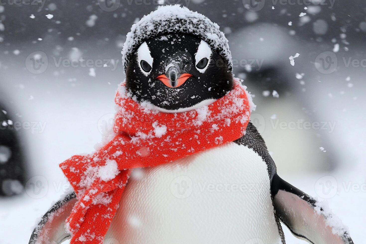 A penguin wearing a red scarf in the snow photo