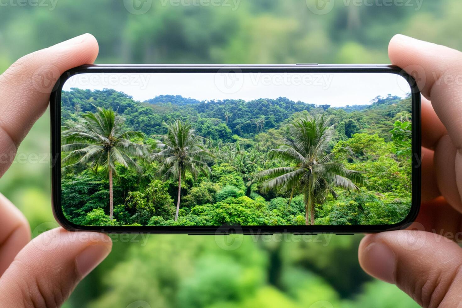 A man holding a smartphone with a photo of tropical forest