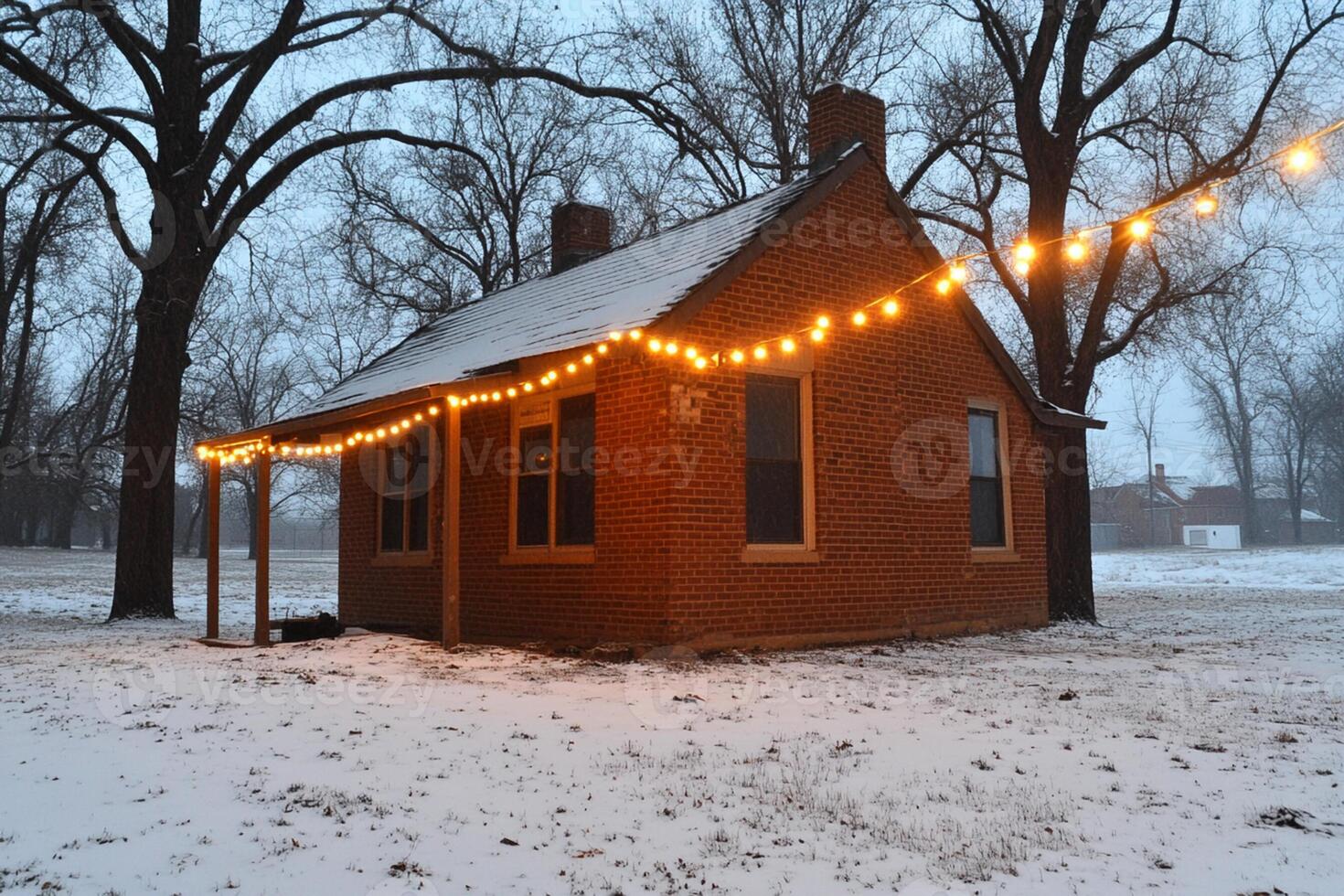A small red house with string lights on the front photo