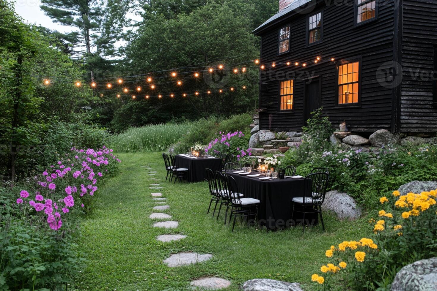 A garden setting with tables and chairs in front of a black house photo