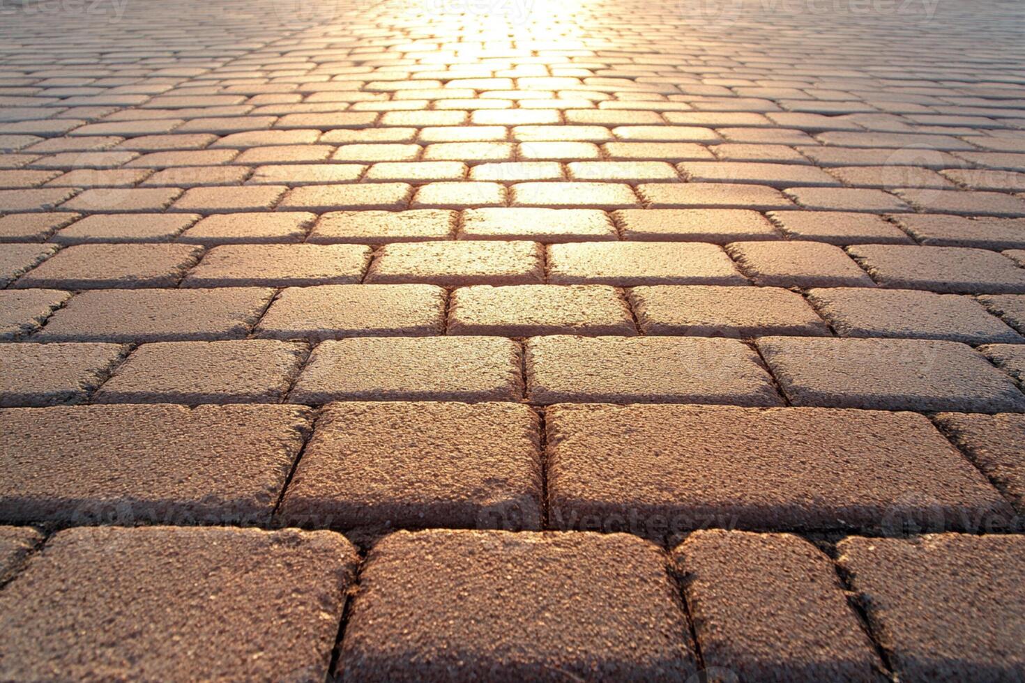 A brick paved road with the sun setting behind it photo