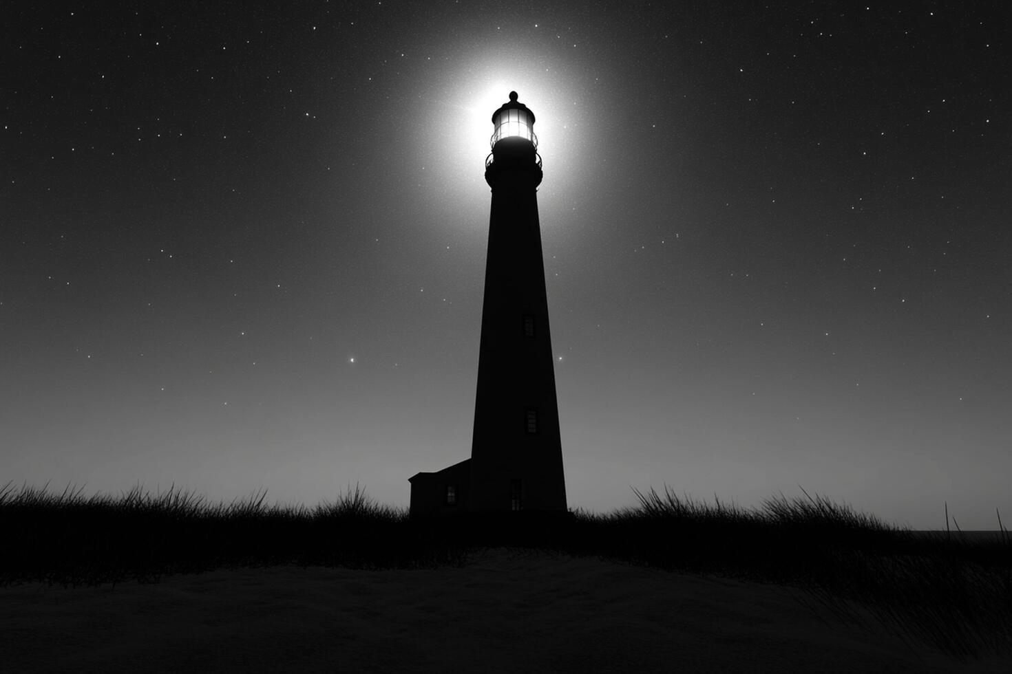 A black and white photo of a lighthouse at night