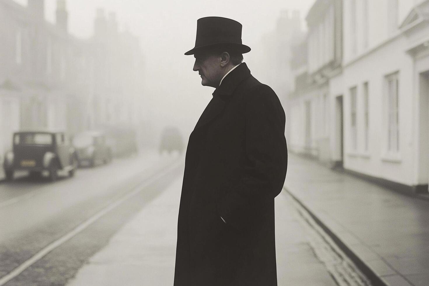 A man in a top hat and coat standing on a street photo