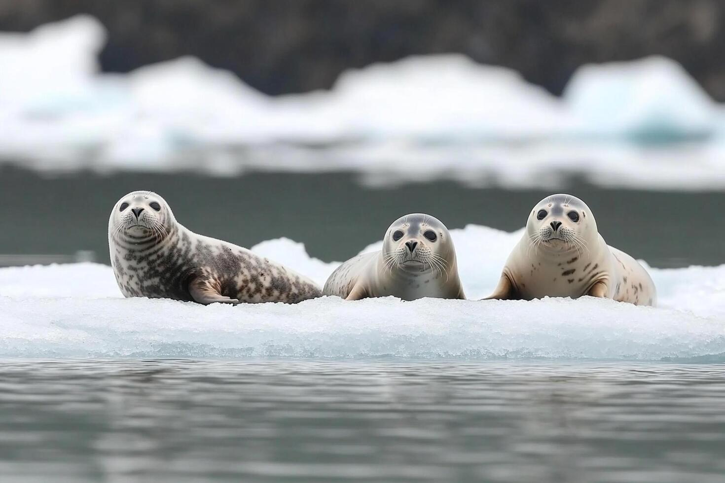 Three seals sitting on an ice floe photo