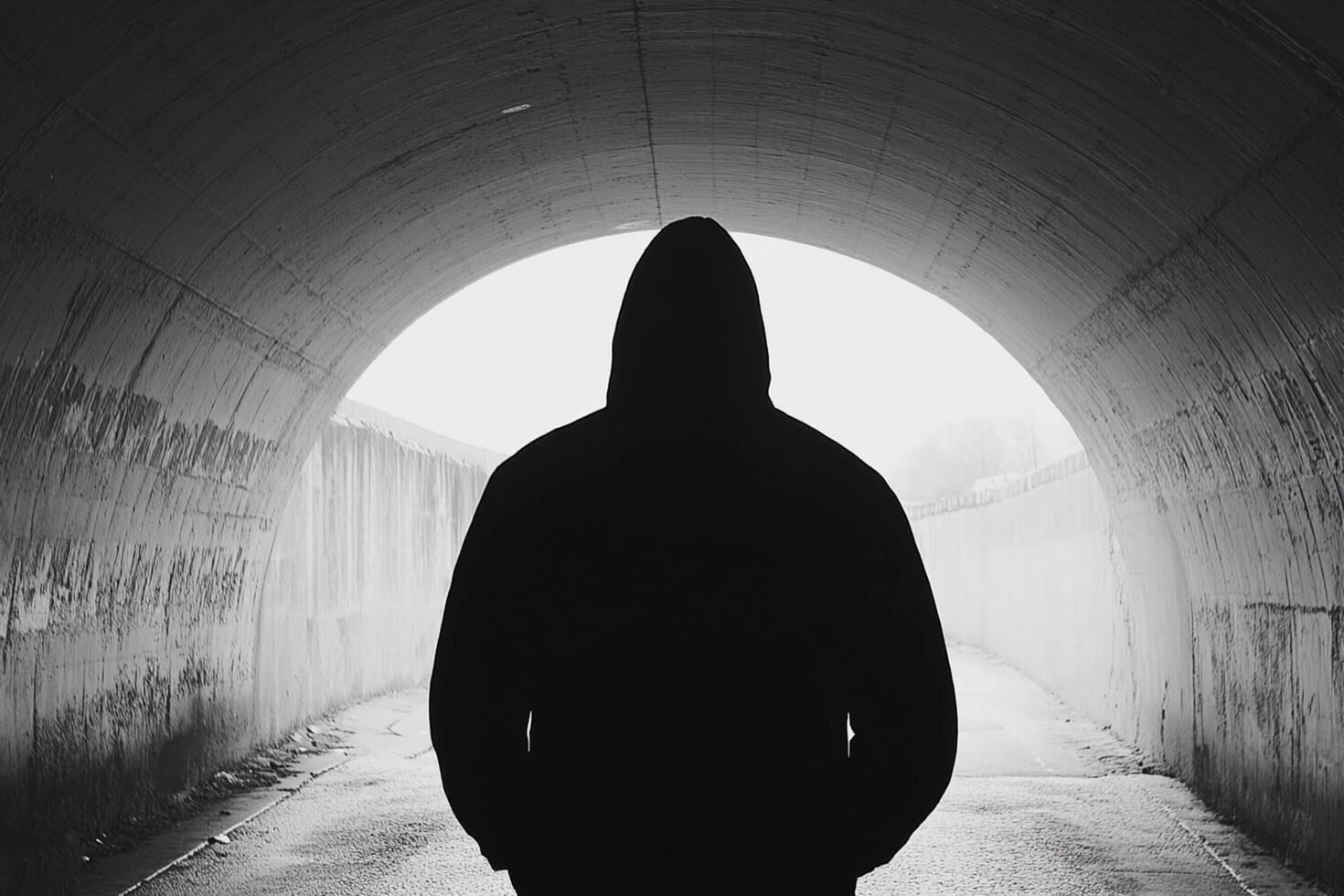 A person in a hoodie standing in a tunnel photo